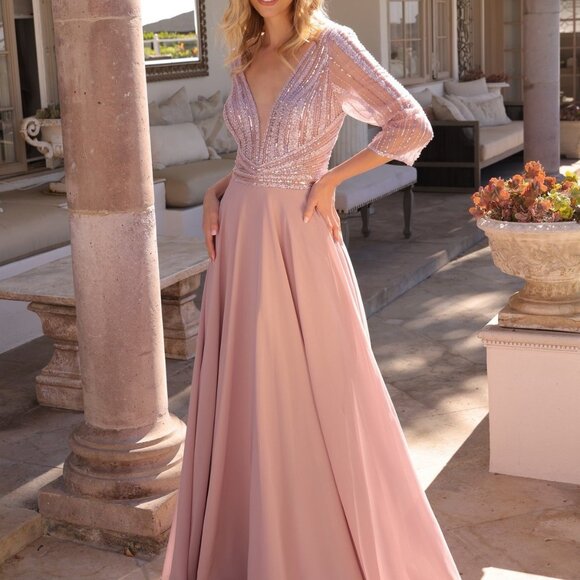 Plus size formal dress.Pink,blue,gold,party evening gown with sleeves.Military